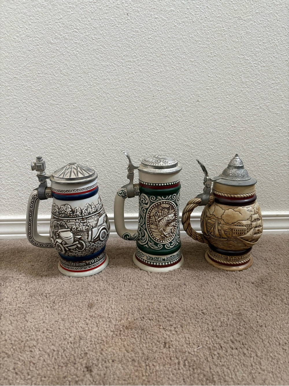 Avon Ceramic Beer Stein Trio with Blue, Green, Tan Accents